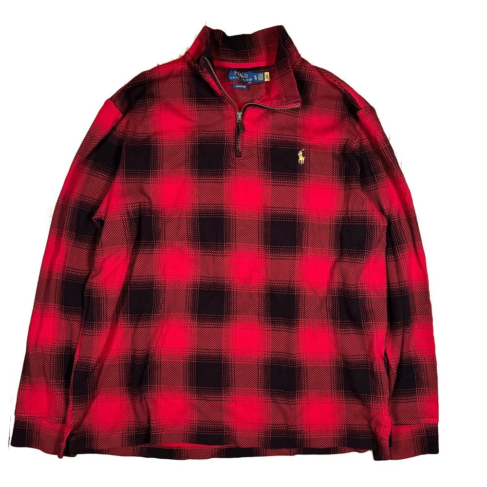 Polo Ralph Lauren Estate Rib Plaid Quarter-Zip Sweater Extra Large XL Red Black